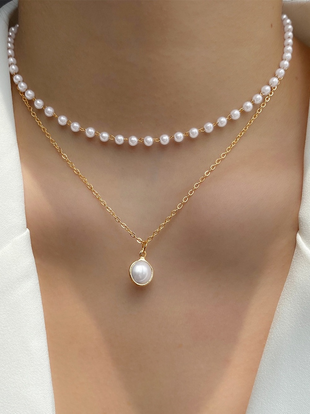 Gold Pearl Layered Necklace Set - White Pearls
